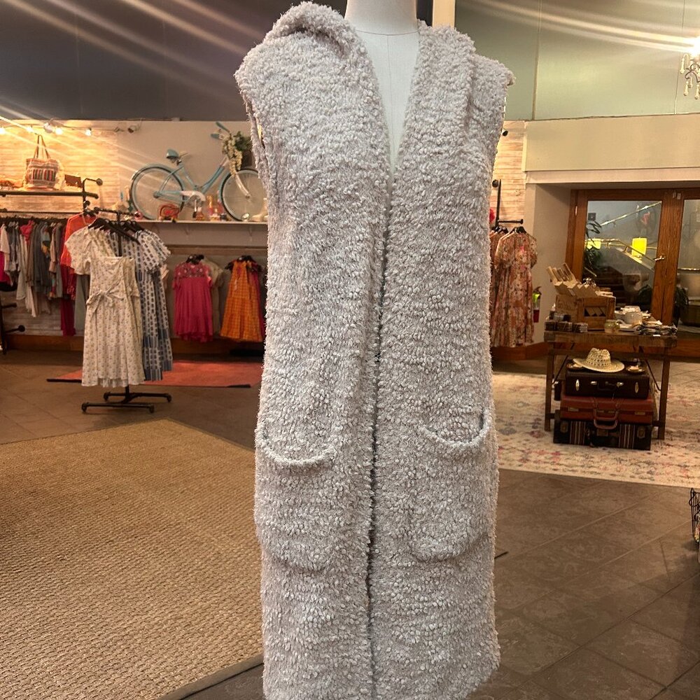 Faux Wool Sleeveless Hooded Cardigan w/ Pockets